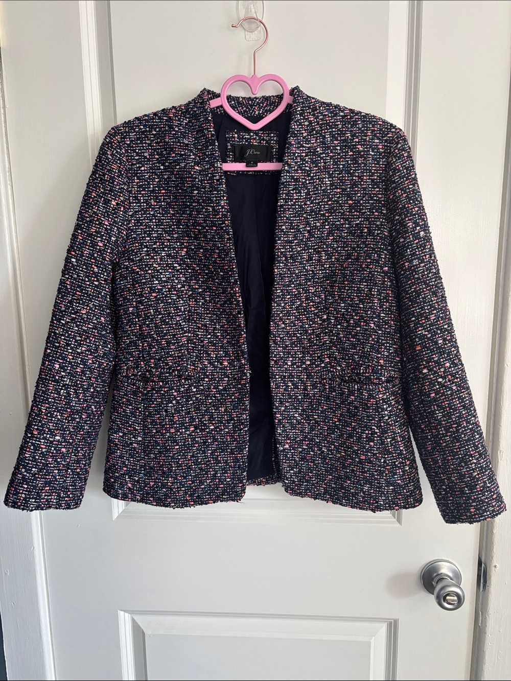 J. Crew Navy Tweed Collarless Blazer with Pink & White Flecks